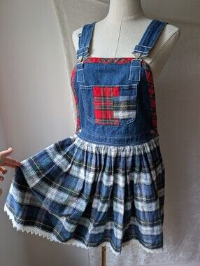 Vtg True blue Overalls Dress Plaid Patchwork Red Blue White Lace Hem Y2k